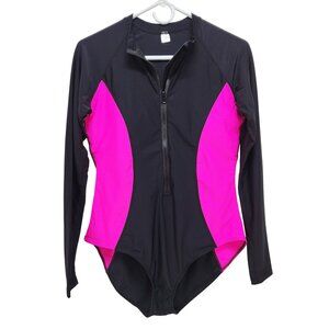 Black & Pink Long Sleeve One-Piece Swimsuit With Zipper Front Size XL